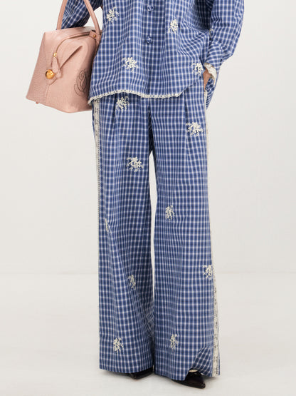 FAME plaid beaded cut-out patchwork trousers straight slacks - TREVOR