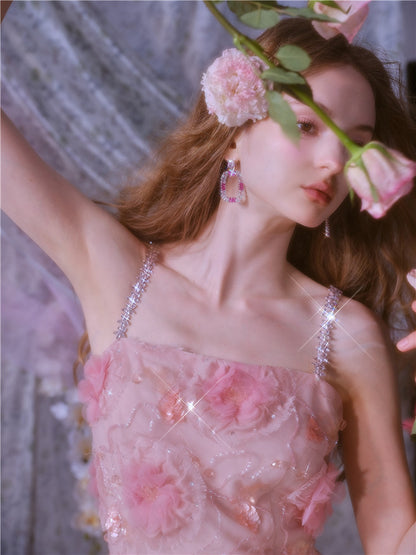 Wardrobes by Chen High End Pink Sleeveless Flower applique Sequin Dress-Bena