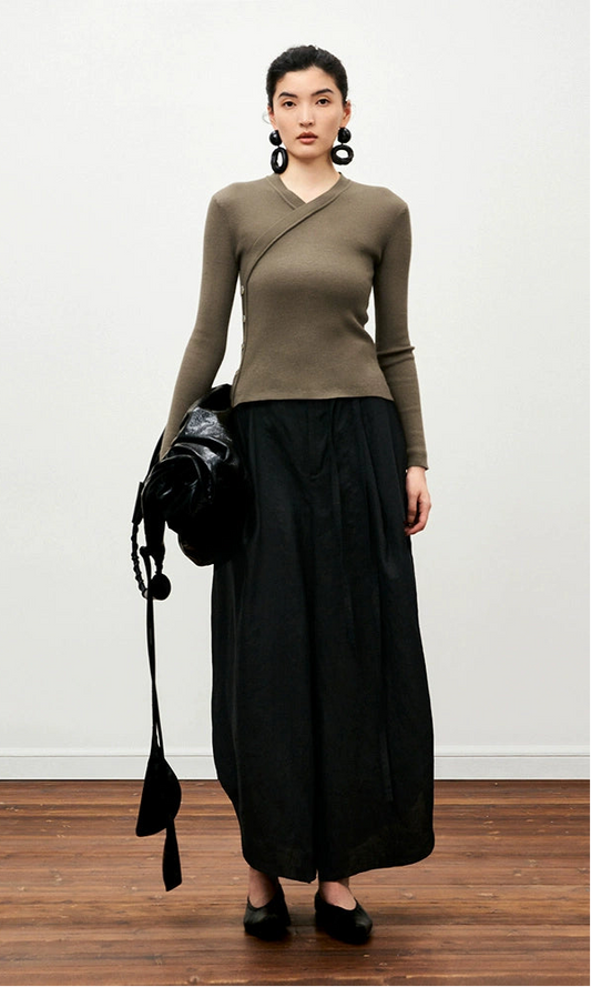 ZHUCHONGYUN winter cross-body slim sweater V-neck knitted top--FUUKI.