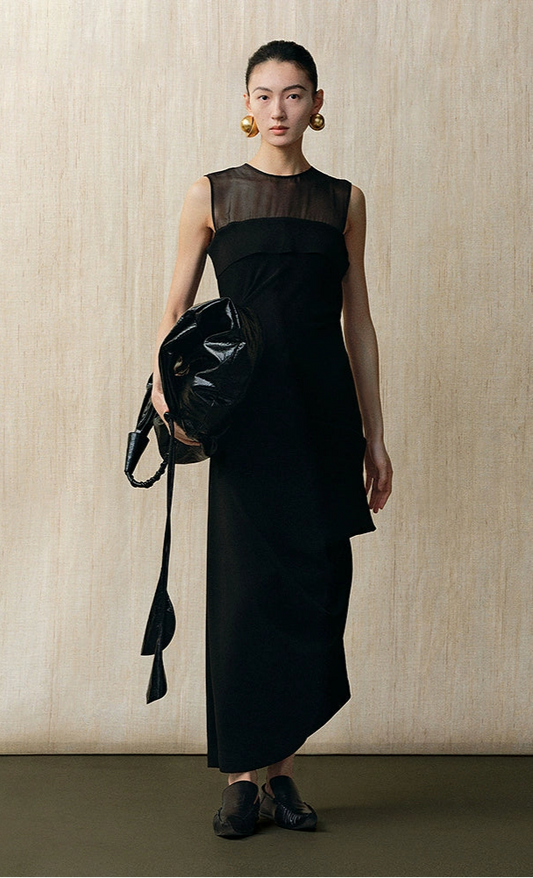 ZHUCHONGYUN black sheer panel round neck sleeveless wool dress-SURU.