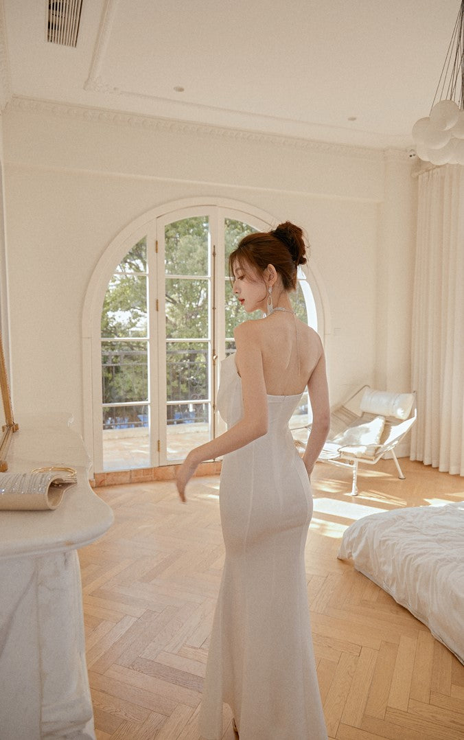 DOLLY Elegant White French Style Big Bow Long Fish Tail Cocktail Dress-FREYA