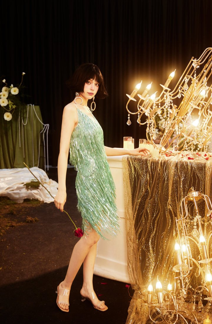 DOLLY Elegant Turquoise Green Sleeveless V-neck Tassel Glitter Cocktail Dress-ALEXA