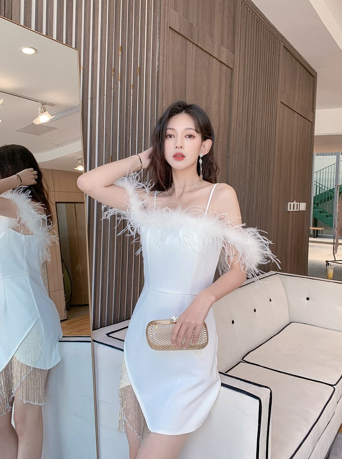 DOLLY Elegant Sling Off Shoulder Feather Slim Fit Short Tassel Birthday Dress-JAJA