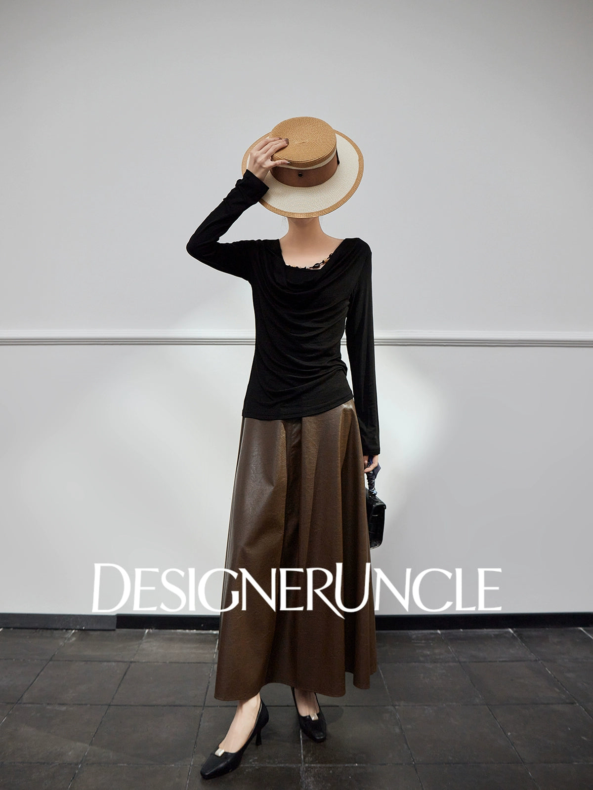 DGU|Black Knitted Drape V-Neck Top and brown pleater skirt- WAVES.