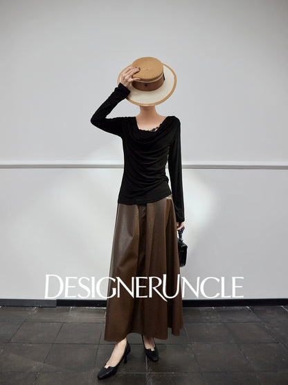 DGU|Black Knitted Drape V-Neck Top and brown pleater skirt- WAVES.