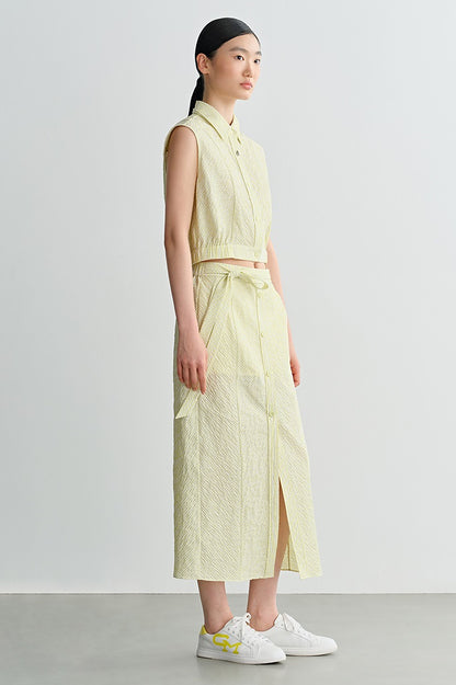 COMME MOI Crinkled yellow striped front slit midi skirt - CUBA.