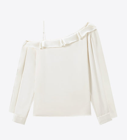 COMME MOI Lv Yan designer summer slanted lace top off-the-shoulder light shirt pants - ROMEO.