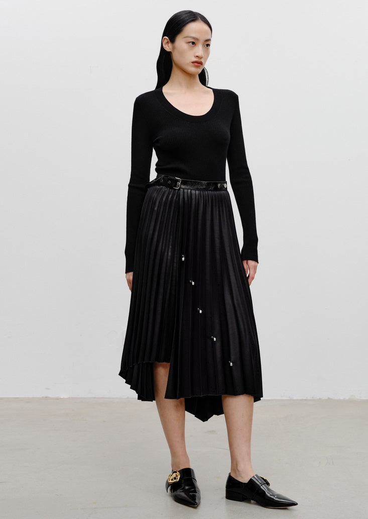 COMME MOI Lv Yan designer women's beaded triacetate commuter skirt - WILLOW.