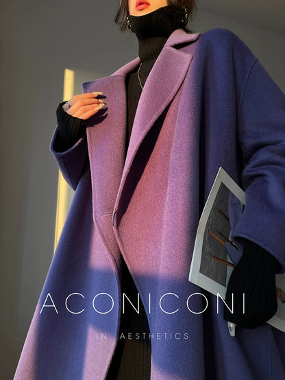 Aconiconi Luxury Purple Lapel Long Sleeve Long Straight Winter Coat- Taro