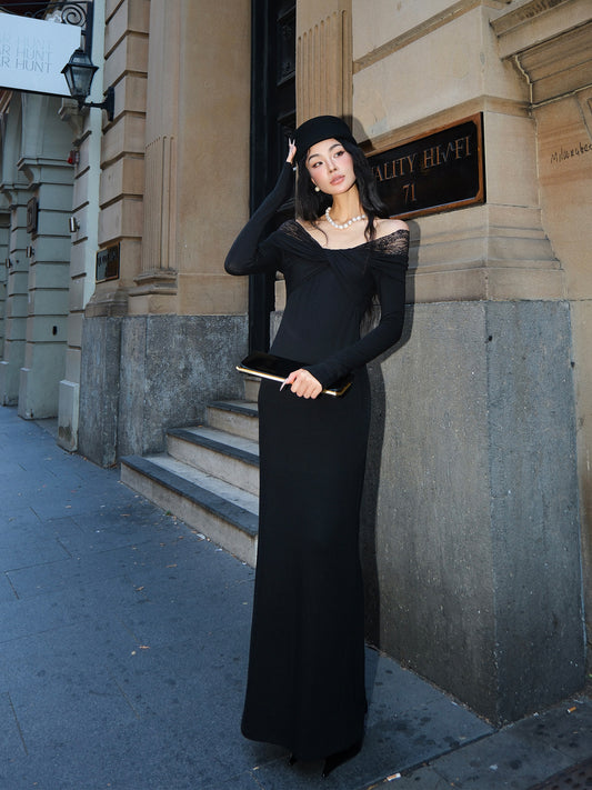 MEI SANGUAN Black V-Neck Stretch Lace Maxi Dress - GABRIEL