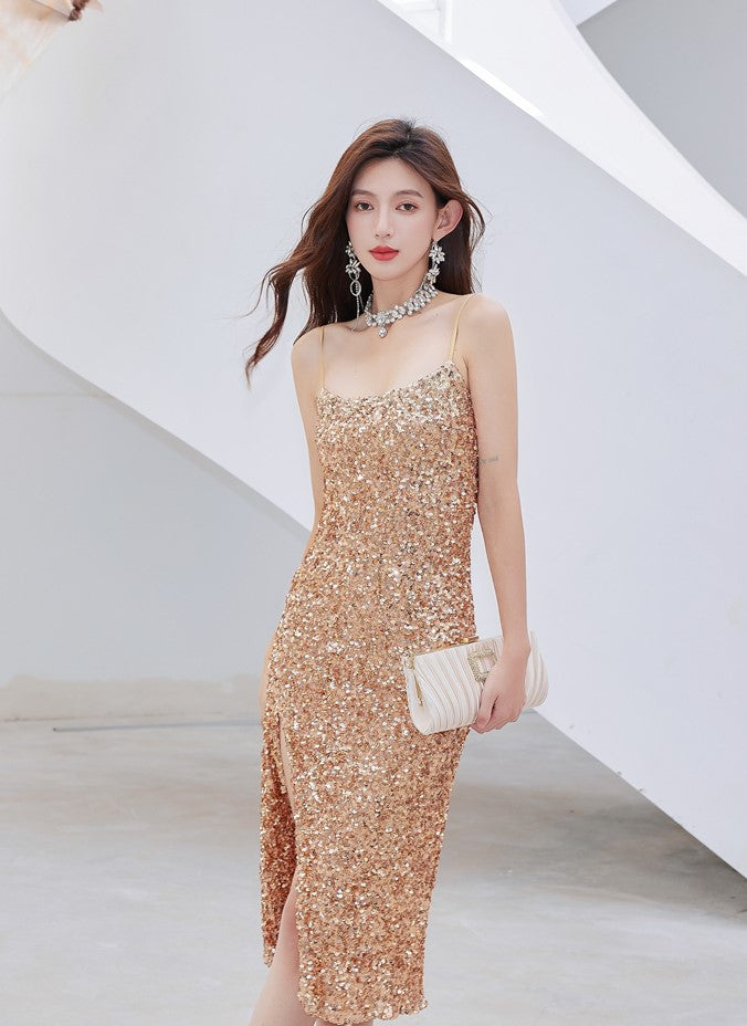 DOLLY Luxury Gold French Style Sleeveless Bright Sequin Mini Slit Dress-NELLIE