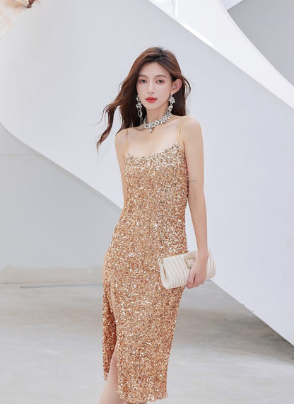 DOLLY Luxury Gold French Style Sleeveless Bright Sequin Mini Slit Dress-NELLIE
