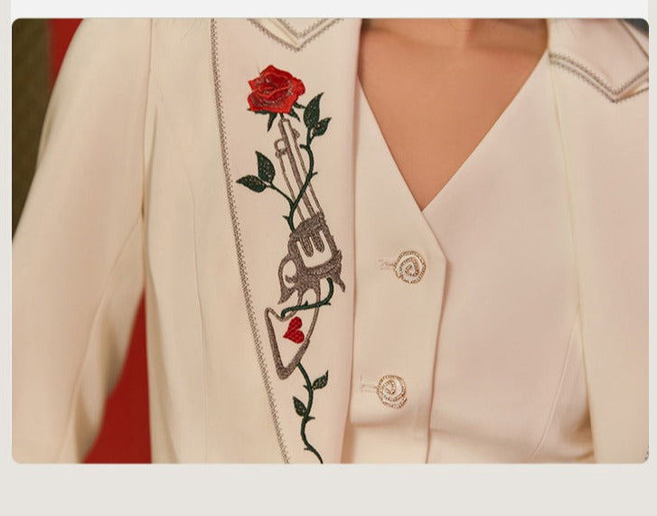 Magic Q  white rose embroidered high waist suit vest wide-leg pants set - Nelli