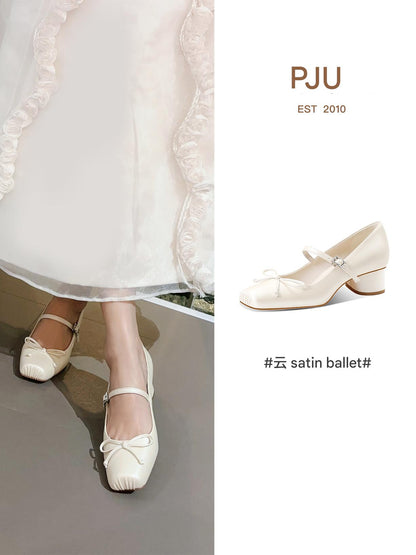 PJJUU Mary jane thick heel square toe ballet shoes  - METAL.