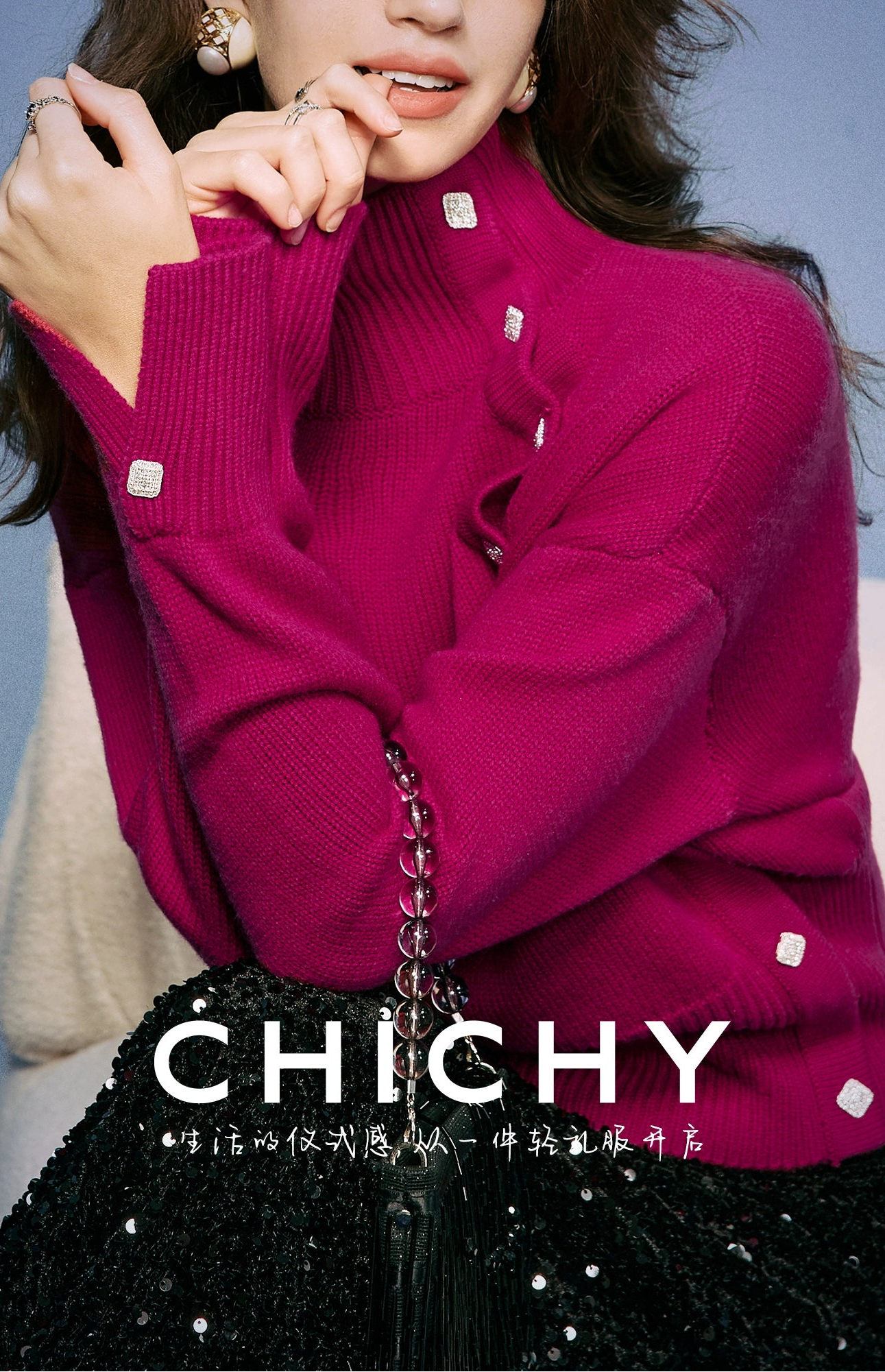 CHICHY Western-style turtleneck knitted sweater retro rose red inner top-AKAGI