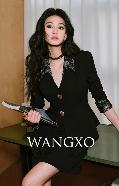 WANGXO | Silk Jacquard Suit Wide Waist A-Hem Jacket & Skirt Set -GAGE.