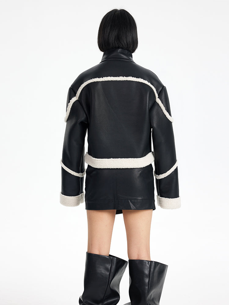 TINY IN black and white contrasting stitched fur leather biker jacket -MIKE