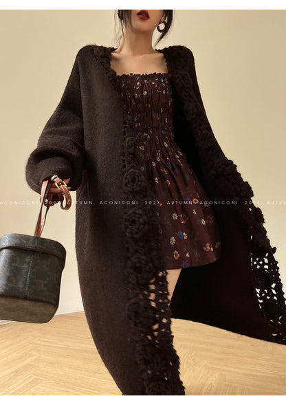 Aconiconi Luxury Loose V-Neck Long Sleeve Crochet Sweater - Camellia in the Fields