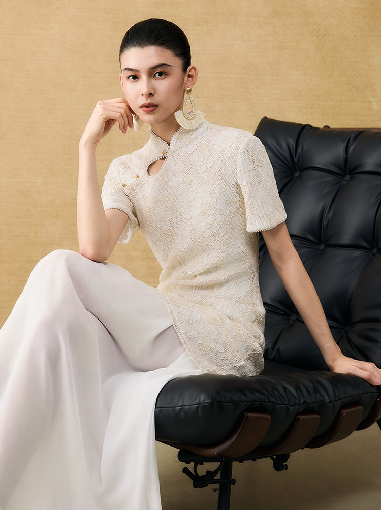HECO Chinese style short-sleeved embossed flower summer cut-out short dress- TEMIRO.