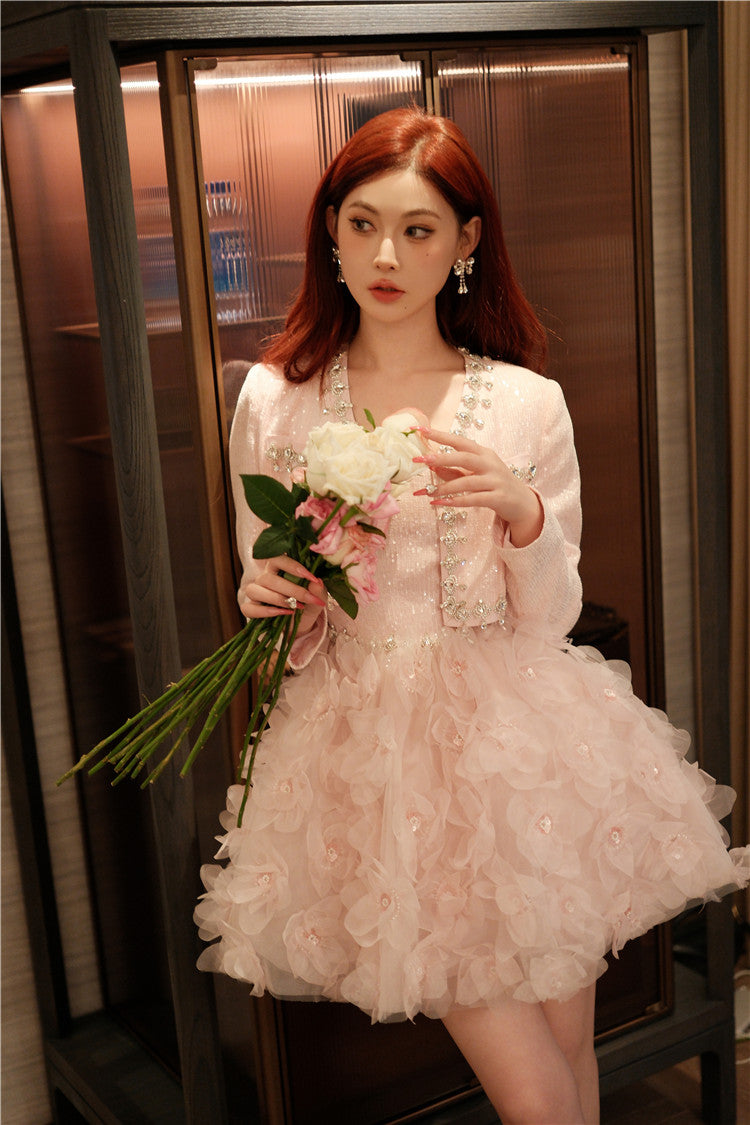 Wardrobes by Chen Elegant Pink Long Sleeve Short Jacket/Ruffle bridal Dress-Maggy