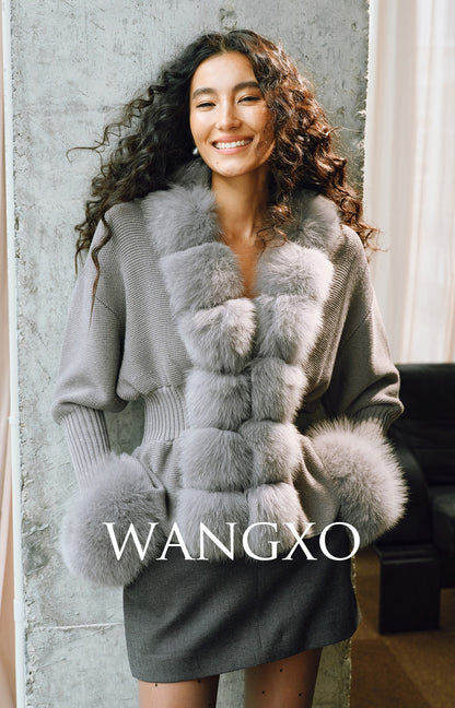 WANGXO | Luxury Wool Detachable Fox Fur Collar Waist Umbrella Hem Knitted Coat- VERA.