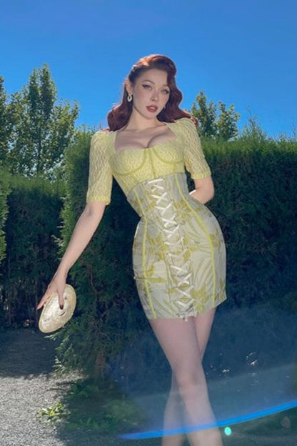 Le Palais Vintage Elegant Lemon Yellow Bodice Puff Sleeve Dinner Top-Maya.