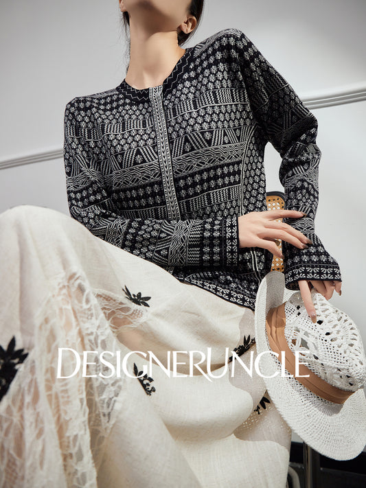 DGU| Black sweater geometric jacquard niche design jacket knitted top - JUGALAR.