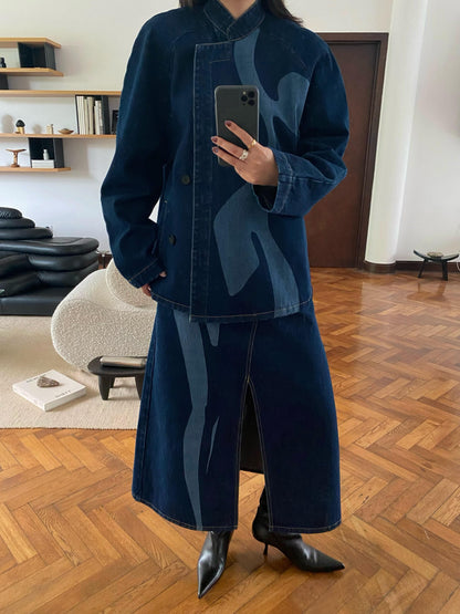 SERRER Abstract body print asymmetrical denim jacket - DAVID.