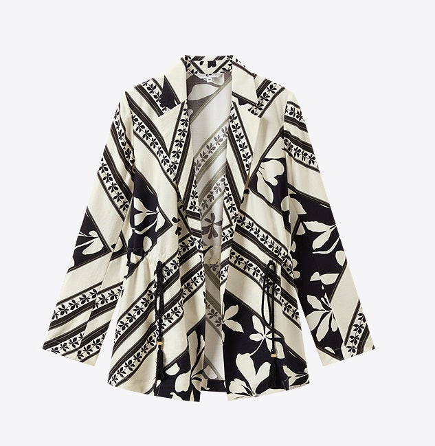 COMME MOI printed tassel black and white print waist suit  - AURORA.