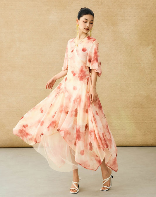 HECO Chinese Floral V-neck Asymmetric Hem Long Dress - DOMINION.