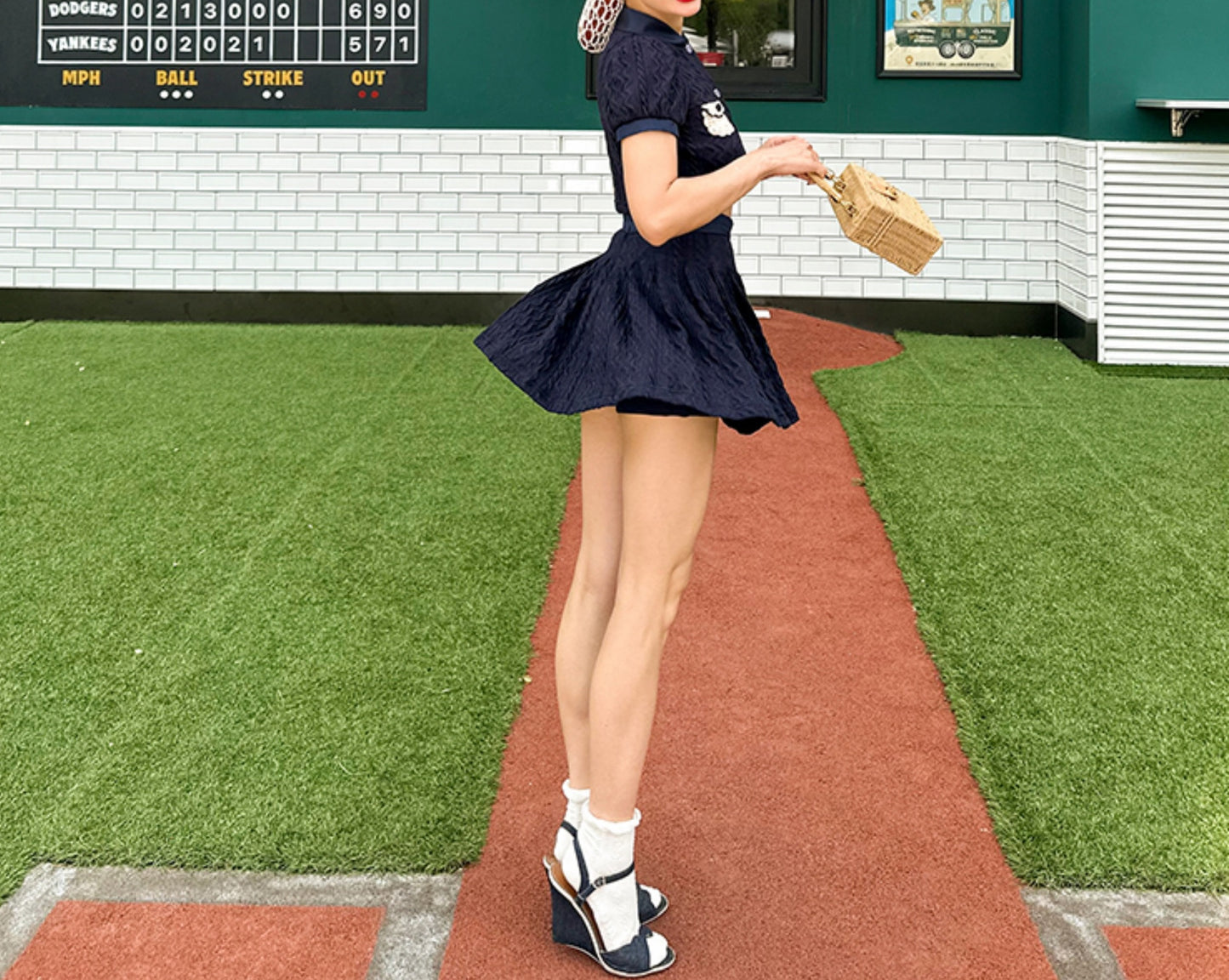 Le Palais  navy knitted puff sleeve top pleated skirt-XERX