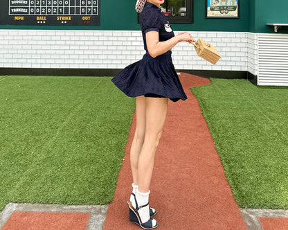 Le Palais  navy knitted puff sleeve top pleated skirt-XERX