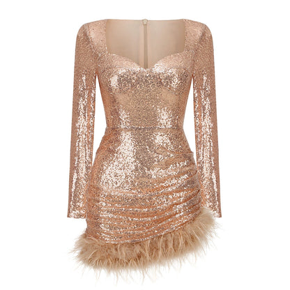 DOLLY Elegant Red Square Collar Long Sleeve Slim Fit Short Sequin Cocktail Dress-QUEEEN