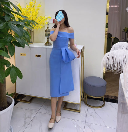 DOLLY Elegant Blue Sleeveless Off Shoulder Chest Wrap Midi Dinner Dress-DARA