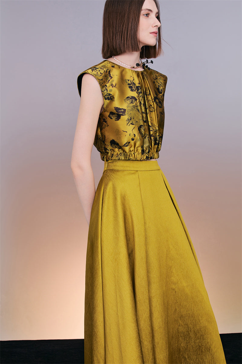 PURITY  Elegant Luxury Vintage gold jacquard sleeveless top and maxi skirt set- Proudy