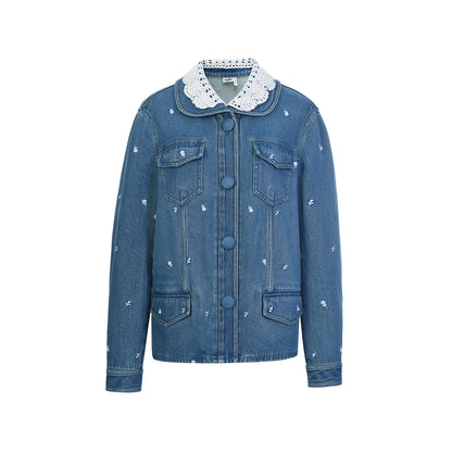 FAME Beaded Three-Dimensional Flower Embroidery Cargo Denim Jacket Top - BYRON.