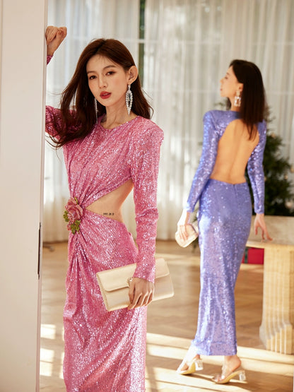 DOLLY Elegant Crew Neck Long Sleeve Slim Fit Sequin Long Evening Dress-IIANA