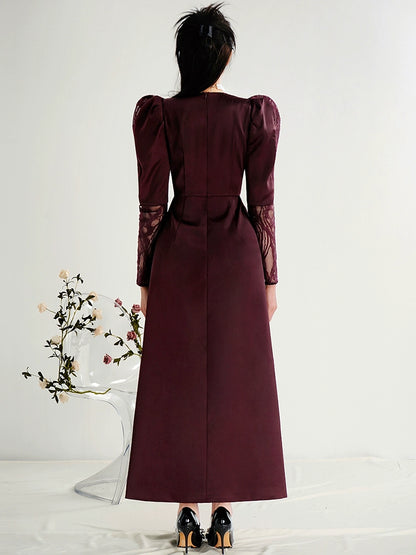 CHECOCRE Elegant Temperament Sexy V-neck Light Long Dark Red Dress - PERRING