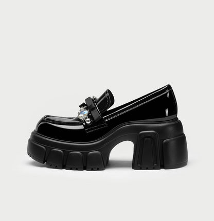 PJJUU Black Patent Leather Block British Style Single Shoes - ATTEND