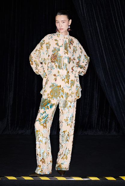 M essential Mackay designer brand Qili burnt flower velvet beads loose top - WORD.