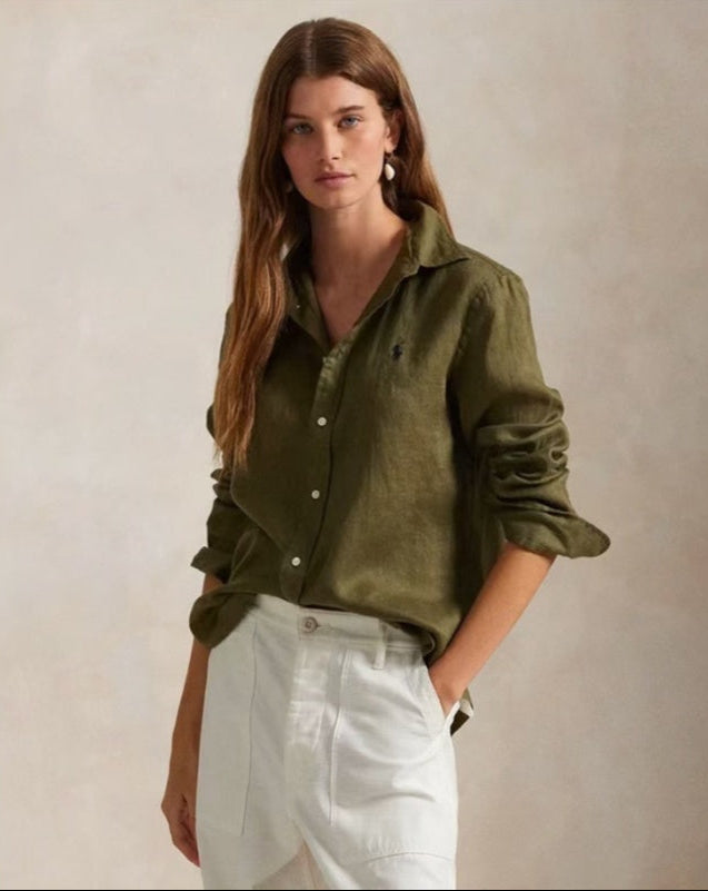 PIAOIN style loose linen shirt jacket with small logo design versatile and stylish-ROSEMARY