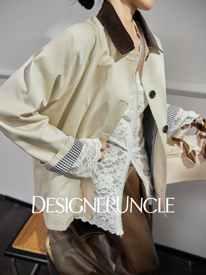 DGU| Off-white trench niche design plaid patchwork lapel long-sleeved jacket - PRAISES.