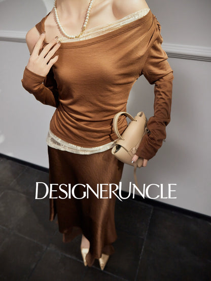 DGU "Twilight" coffee lace contrasting retro loose slimming temperament top - STRAT.