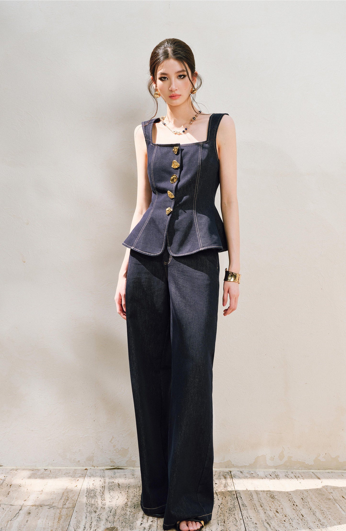 WANGXO | Light-Breathing Tencel Cotton Custom Metal Buckle Vest & Wide-Leg Pants Retro Denim Suit-YARA