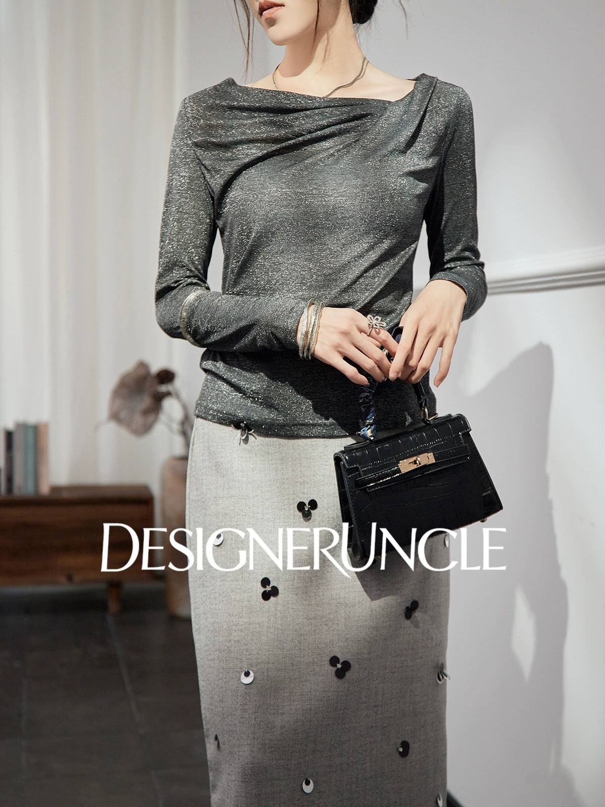 DGU "Ink Realm" gray long-sleeved loose commuting slimming and versatile high-end top - YAN.