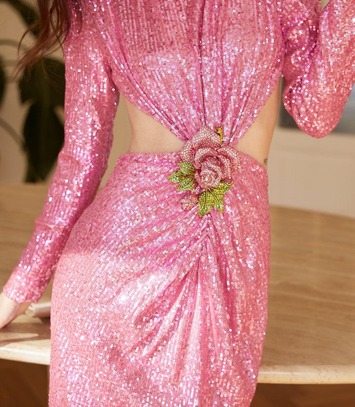 DOLLY Elegant Crew Neck Long Sleeve Slim Fit Sequin Long Evening Dress-IIANA