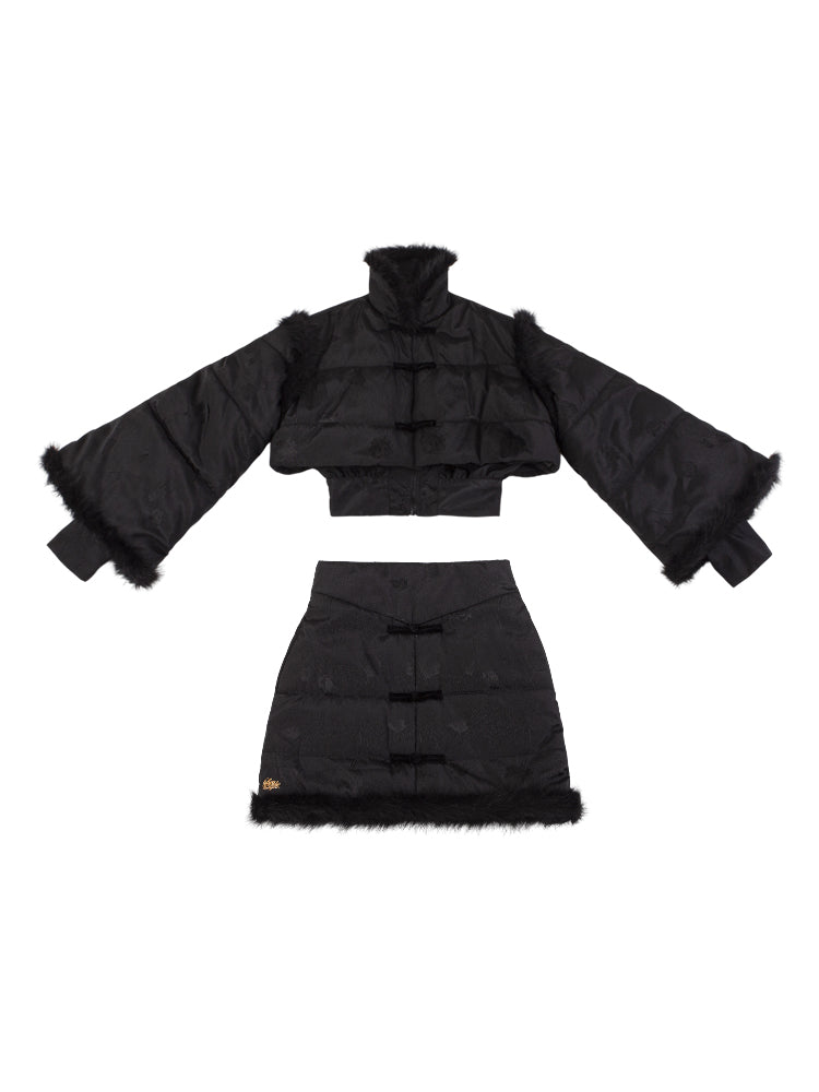 Le Palais Vintage Luxury Retro Black Cotton Short Fur Jacket + High Waist Skirt-Carla