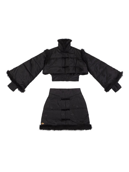 Le Palais Vintage Luxury Retro Black Cotton Short Fur Jacket + High Waist Skirt-Carla