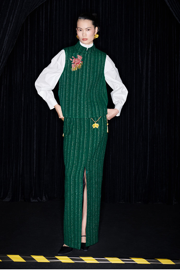 M essential Mackay designer rose beads placket green vest pencil skirt - Biba.