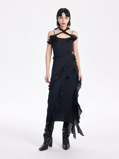 TINY IN ruffled side slit midi slip dress -KAKA